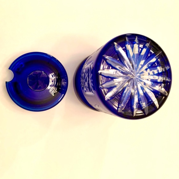 Vintage 1950s Cobalt Blue Crystal Cut Honey/Jam Jar and Lid - Picture 9 of 11